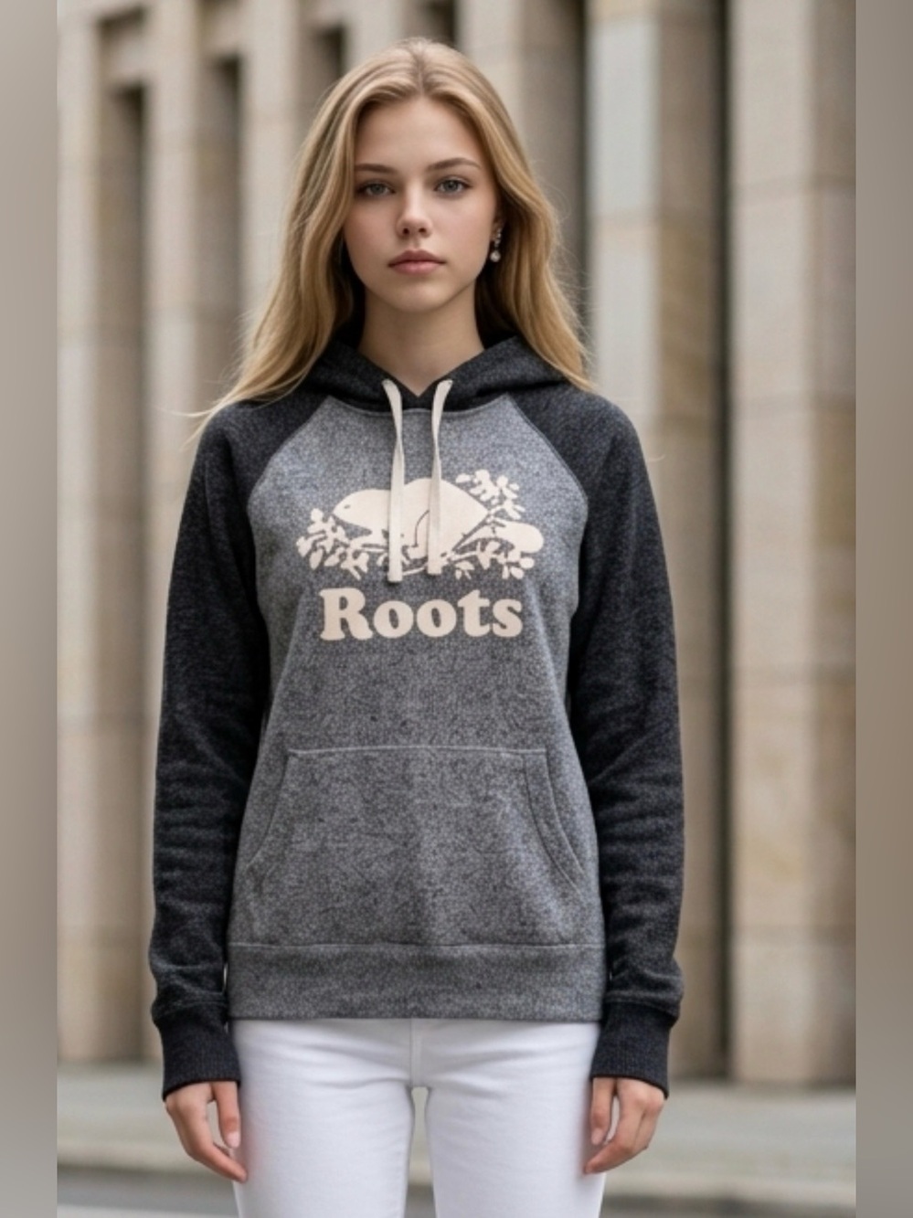 Roots Women's Gray Two-Tone Logo Hoodie with Cream Print R1